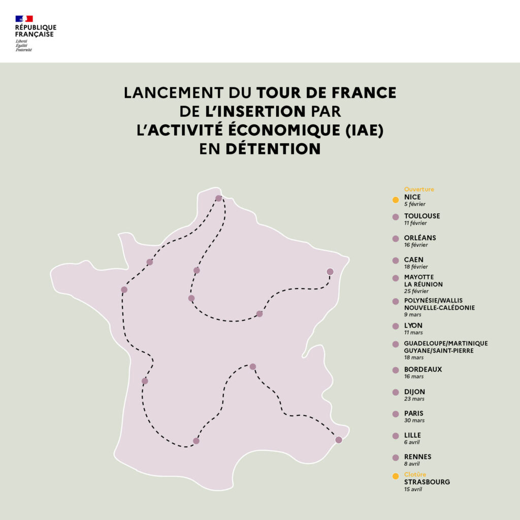 L'Agence du travail d'intérêt général et de l'insertion professionnelle (ATIGIP) et la Délégation générale à l'emploi et à la formation professionnelle (DGEFP) organisent un parcours de 15 étapes partout en France pour promouvoir l'insertion par l'activité économique en détention.